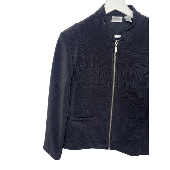 Chicos Black Stretch Zip Jacket Medium Blazer Style Work Casual - Picture 2 of 11